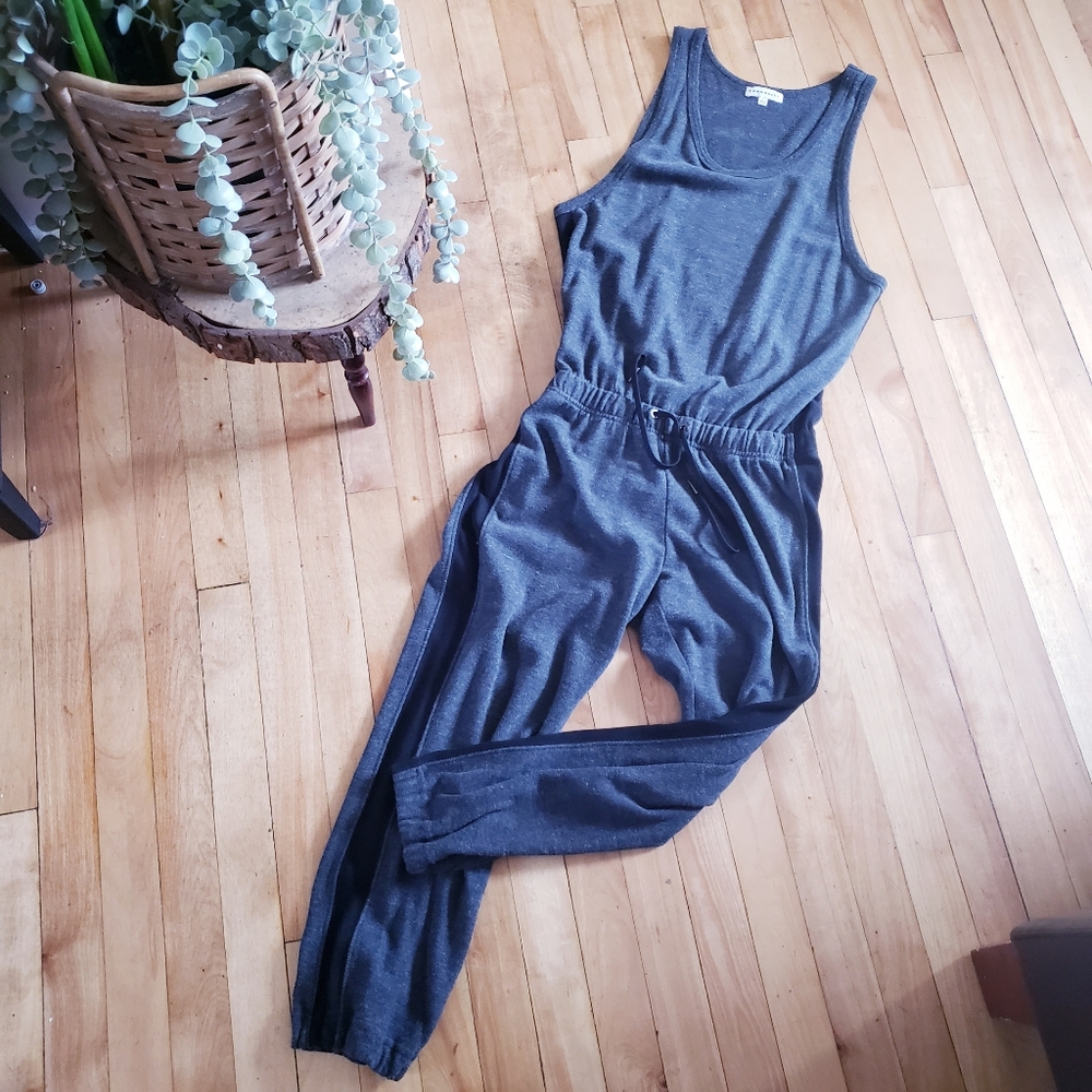 🏷COMMUNITY Grey Lounge Jumpsuit Black Tuxedo Stripe Athleisure S Aritzia